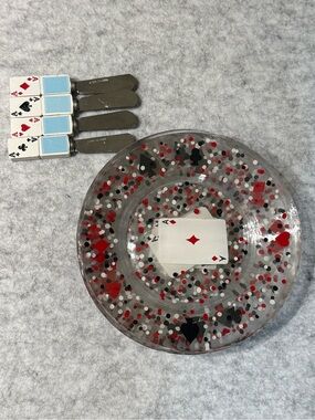 Vtg hand-painted playing card glass appie plates (8) w/matching spreaders (4).